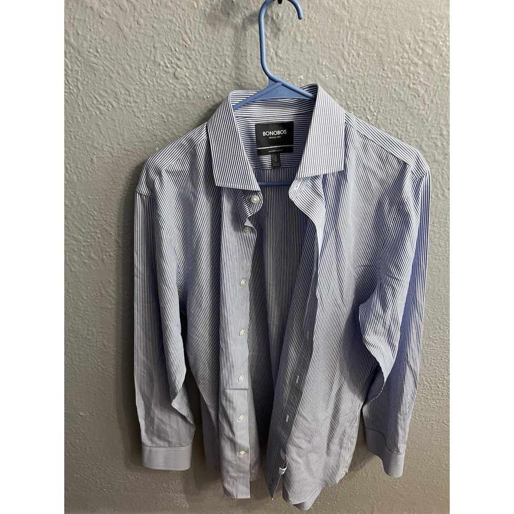 Bonobos Men's Tailored Slim Fit White Blue‎ StripeCotton Button Front Size 17 35